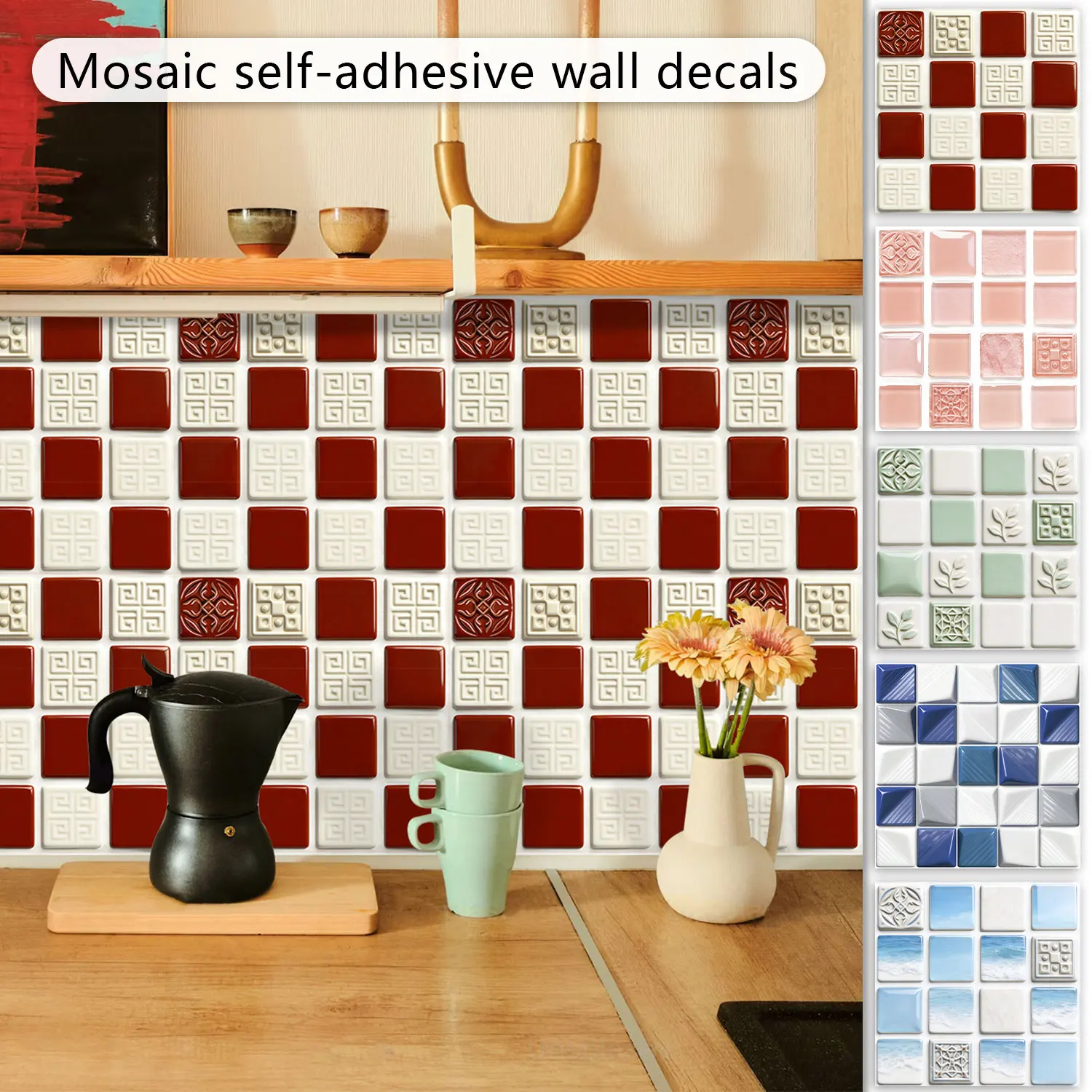 10pcs Flat Mosaic Tiles Sticker Set Kitchen Bathroom Wall Decals Gloss Waterproof Film 2D Surface Cover Transfers for Home Decor