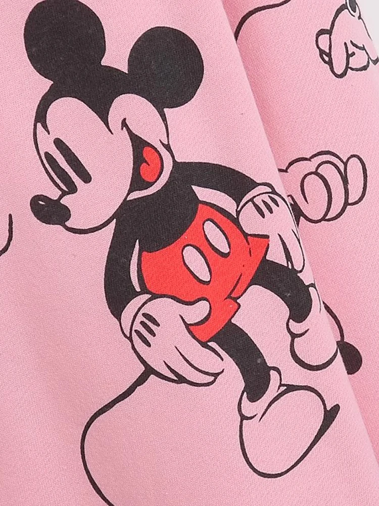 Imagem -04 - Disney-moletom Estampado de Mickey Mouse Feminino Streetwear Rosa Manga Comprida Pulôver com Gola o Camiseta Solta Parte Frontal Moda