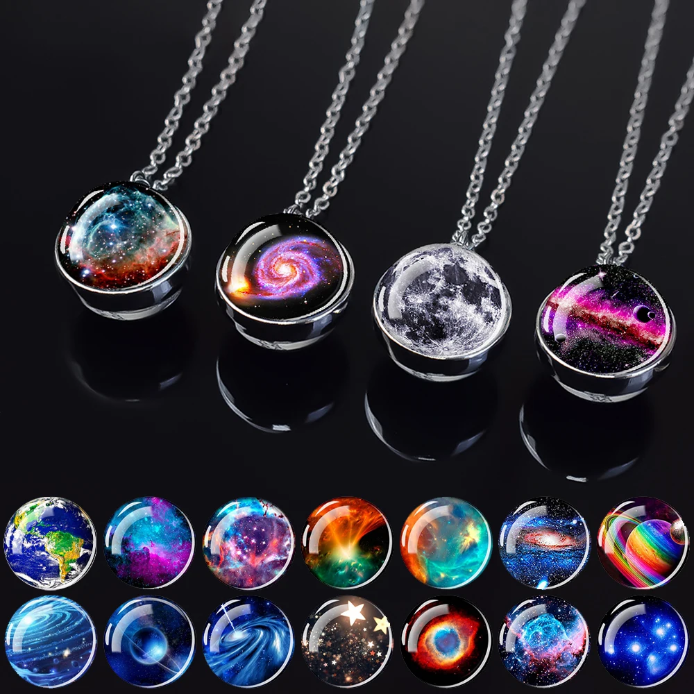 Planet Aurora Necklaces Color Nebula Star Moon Two-Side Glass Ball Pendant Necklace for Women Men Space Astronomy Jewelry Gift