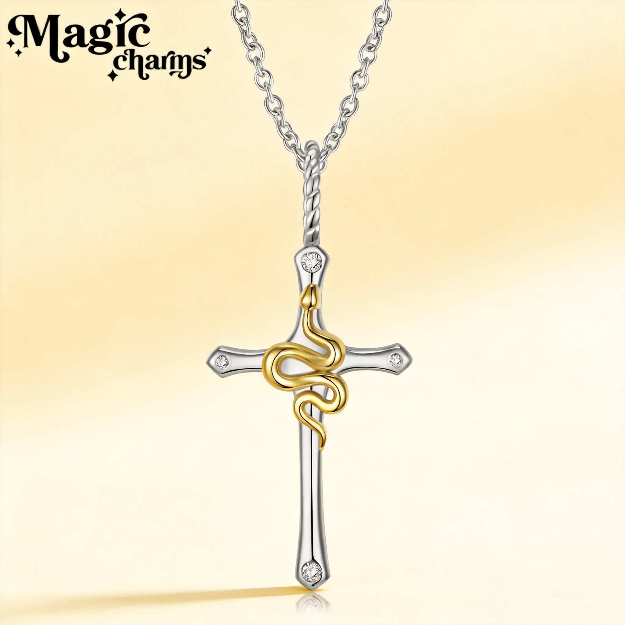 S925 Sterling Silver 14k Gold Plated Lucky Blessing Snake Cross Pendant Necklace Inlaid Clear Zircon All Match Unisex Jewelry
