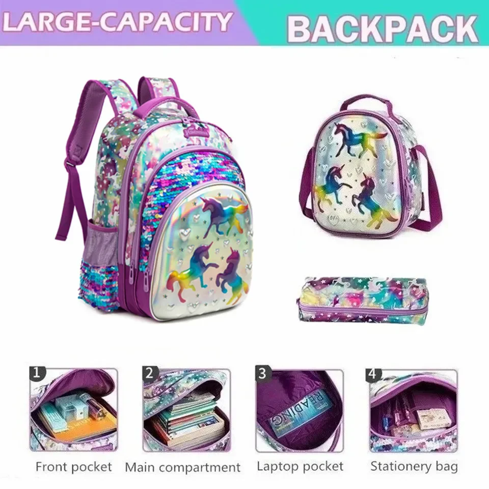 New School Bags for Girls 16 Inch Backpacks for Primary Children Sequin Backpack with Lunch Box Bag for Kindergarten Mochila