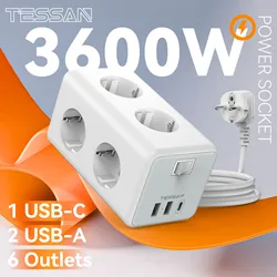 TESSAN EU Plug Power Strip Cube with 6 Outlets 2 USB Ports 1 Type C 2M Extension Cable Europe Multi Socket with Switch for Home
