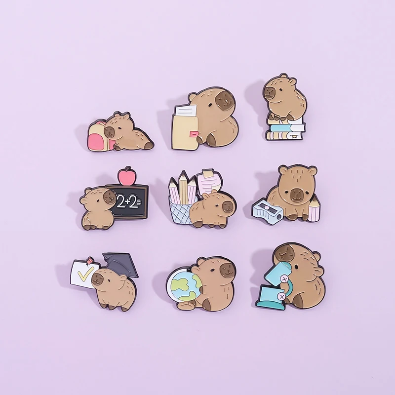 Cute Capybara Students Enamel Pins School Supplies Animal Cartoon Brooch Backpack Lapel Badge Jewelry Gift for Friends Wholesale