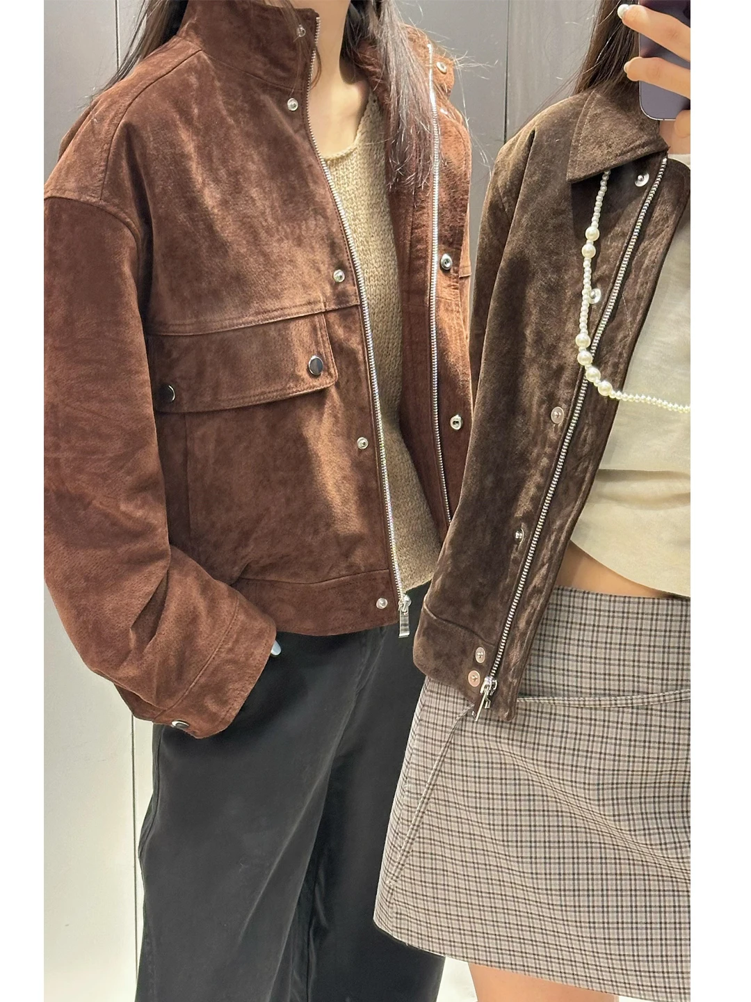 

Early Autumn Women's Brown American Sle Stand Collar ort Suede Jaet Coat Fem 30258 Windproof Daily Wear