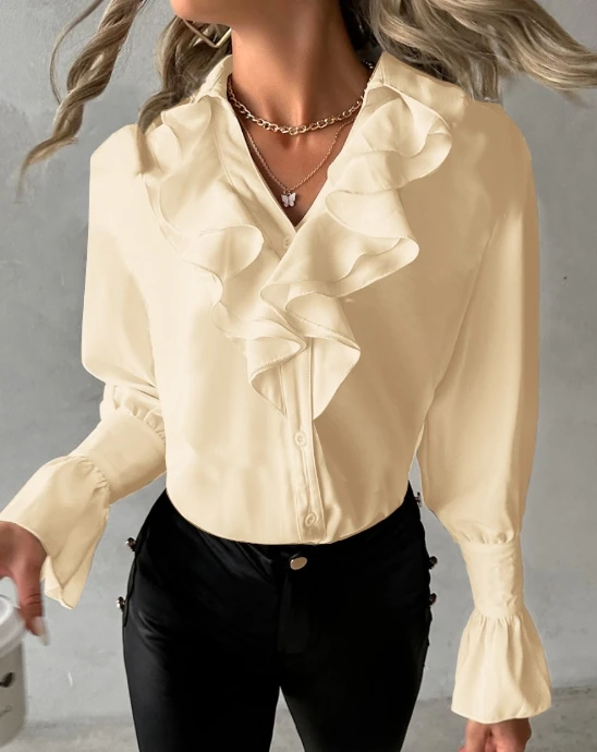 Women Fashion Ruffled Blouse Youthful Woman Clothes Temperament Commuting Women's Casual V-Neck Long Sleeve Shirt Top Y2K