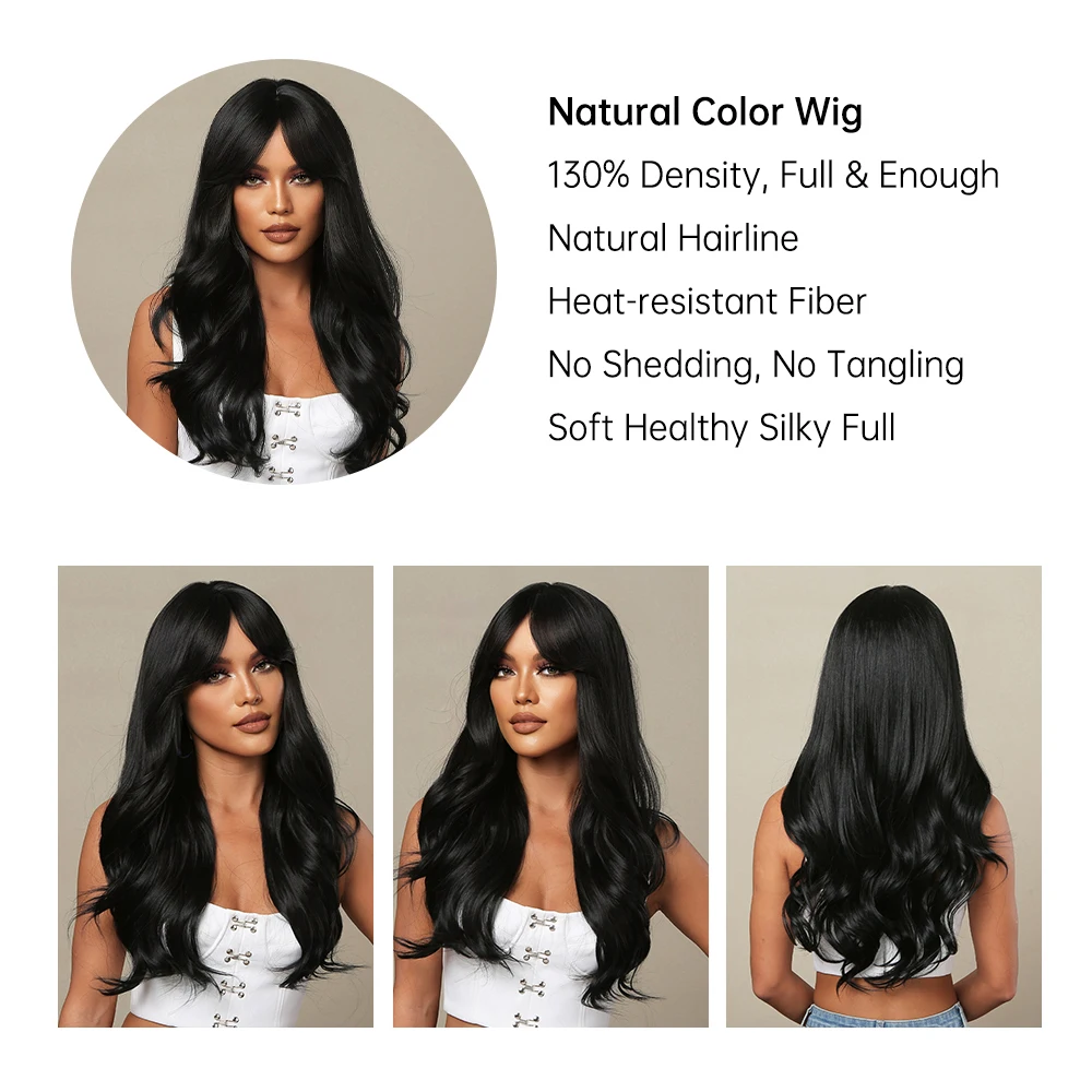 EASIHAIR Long Black Wigs Cosplay Body Wave Synthetic Wigs with Bangs for White Black Women Brazilian American Natural Hair