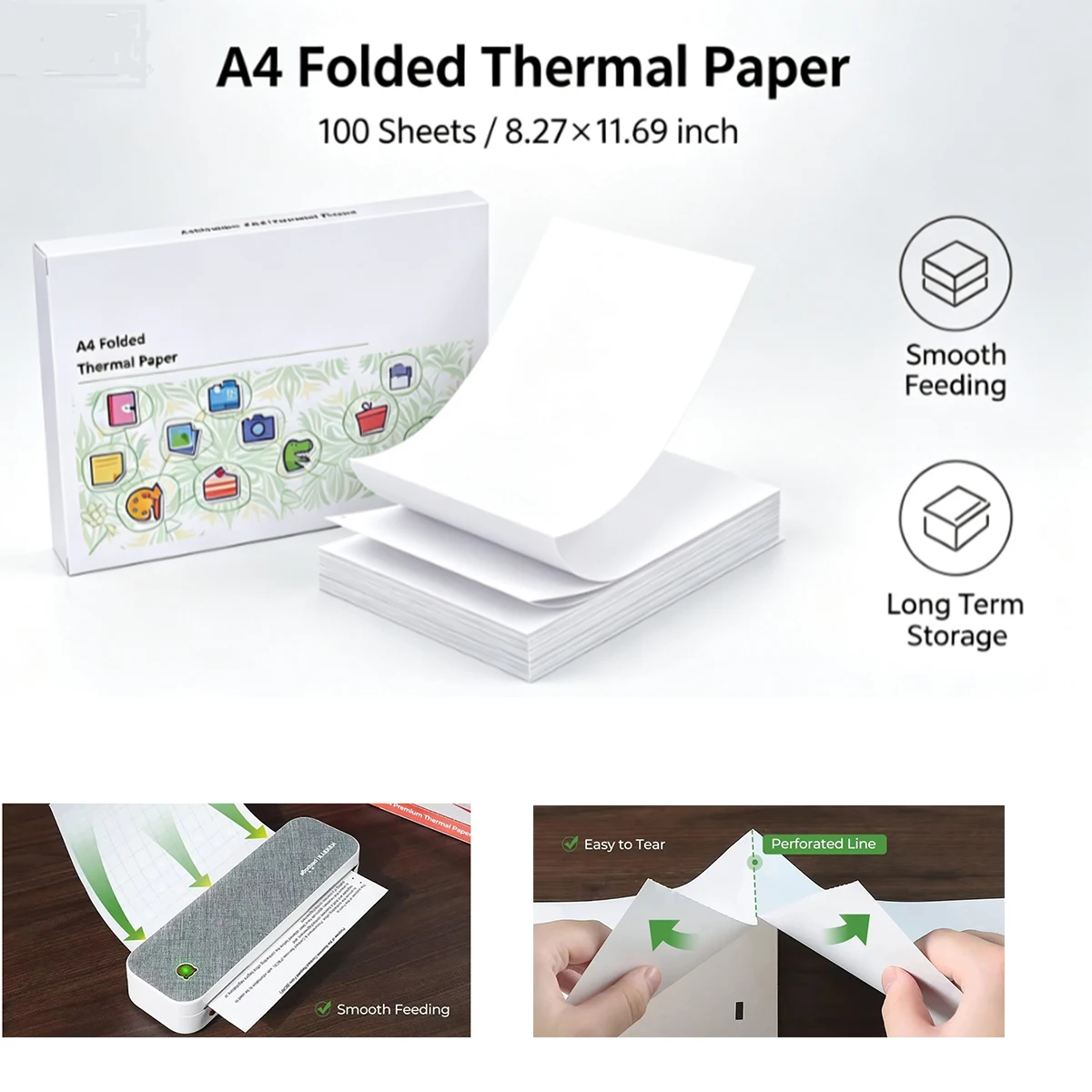 100 Sheets A4 Thermal Printer Paper, Folded Continuous Form Paper 210x297mm, Easy Tear Perforated, Fits M08F & A4 Portable Wire