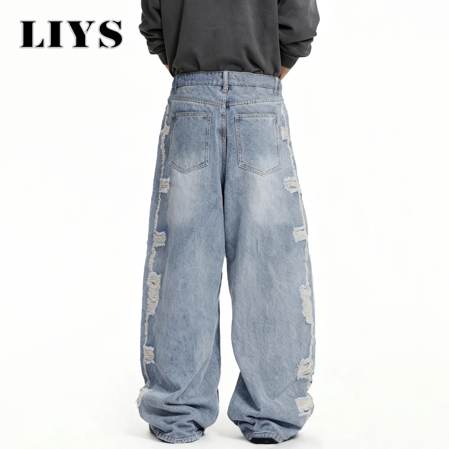 Men's American Retro High Street Blue Baggy Wide Leg Jeans Korean Side Ripped Loose Jeans Personalized Design Unisex Denim Pants