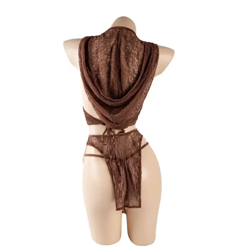 Egyptian Desert Queen Uniform Sexy Lingerie Wilderness Coffee Color Hooded Dress Pajamas Temptation Anime Outfit Costume Cosplay - view 5