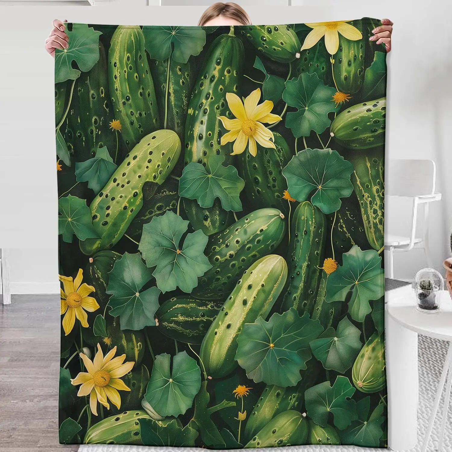 Pickle Throw Blanket Pickle Bedding Decor Yellow Flower Pickle in Field Stuff Decorations Warm Soft Blanket for Bed Sofa Office