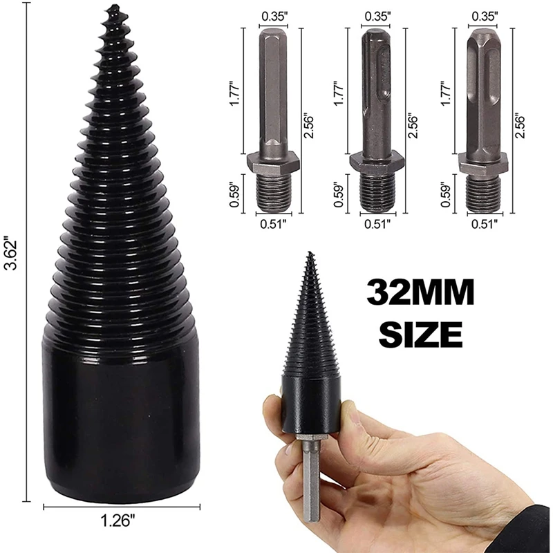 Divisor de madeira para lenha, broca para lentilação, divisor de tronco, brocas elétricas de divisão, parafuso de 32mm, driver de cone removível