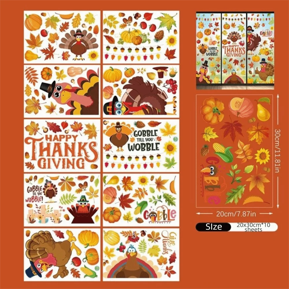 Double-Sided Fall Window Clings Waterproof Reusable Static Cling Decorations Pumpkin Scarecrow Design Maple Leaves Pattern