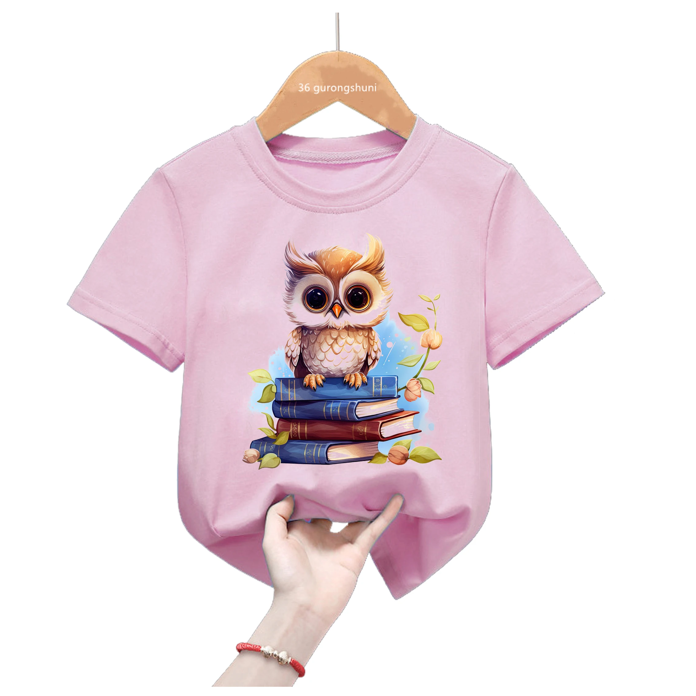 2024 Hot Sale Kawaii Owl Love Book Print Pink Tshirt For Girls Cute Bird Kids Clothes Summer Short Sleeve T-Shirt Streetwear view 2