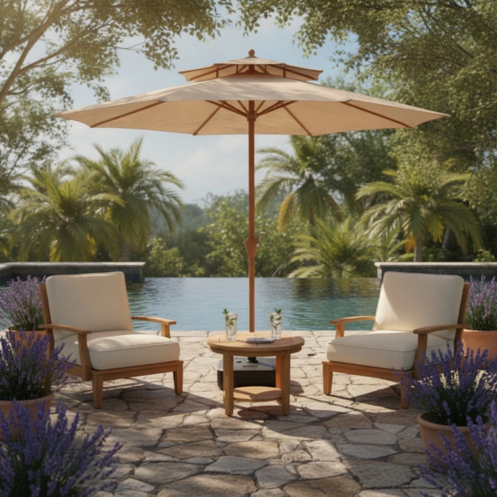 Patio Umbrella with Base Wood-Finish Double-Top Canopy Umbrella Freestanding Weighted for Backyard, Garden