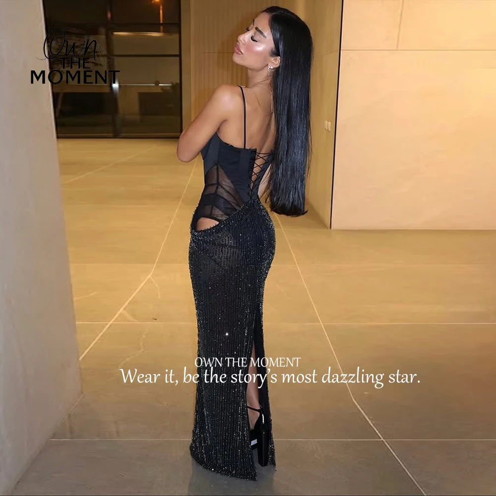 OTM فستان ماكسي مثير بحمالات رفيعة للنساء موضة بدون أكمام شبكي مقسم سباركلي ترتر للحفلات المسائية فستان طويل مخصص