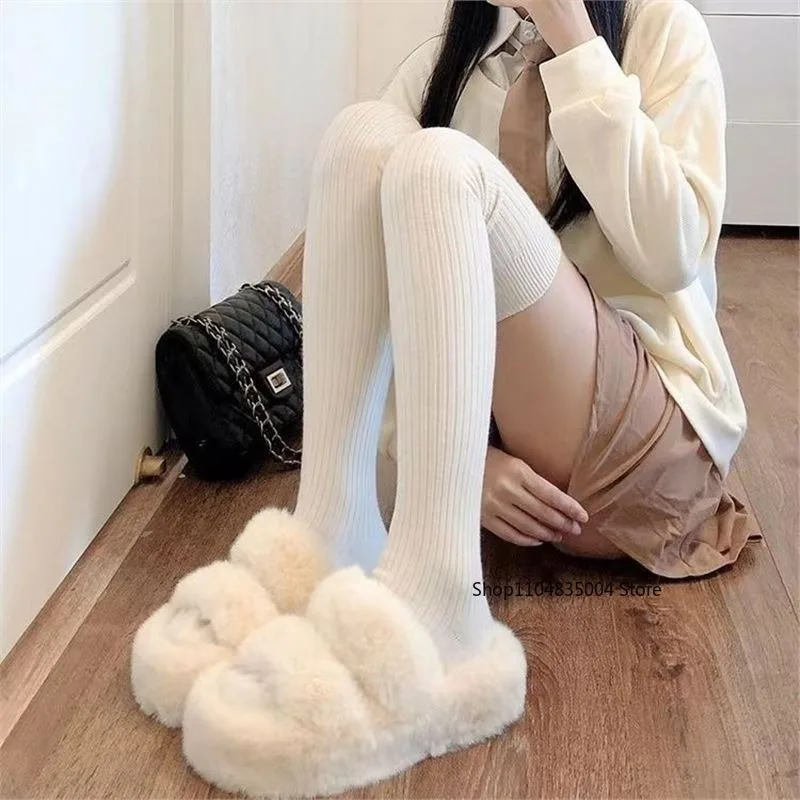 

Women Long Socks Cashmere Women Boot Solid Wool Thigh Stocking Skinny Casual Cotton Over Knee-High Fluffy Female Long Knee Sock