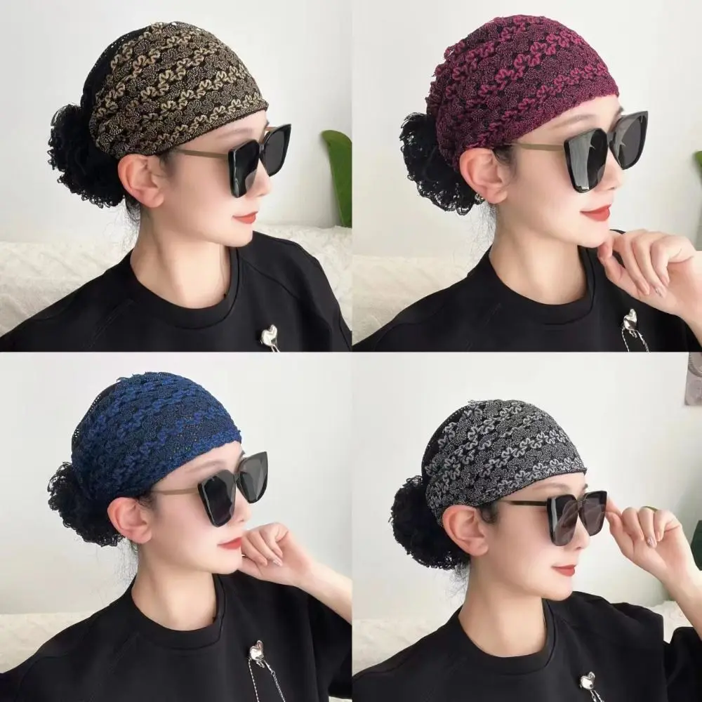 Fashion Lace Muslim Headscarf Cap Soild Color Acrylic Fibers Muslim Headpiece Headband Women