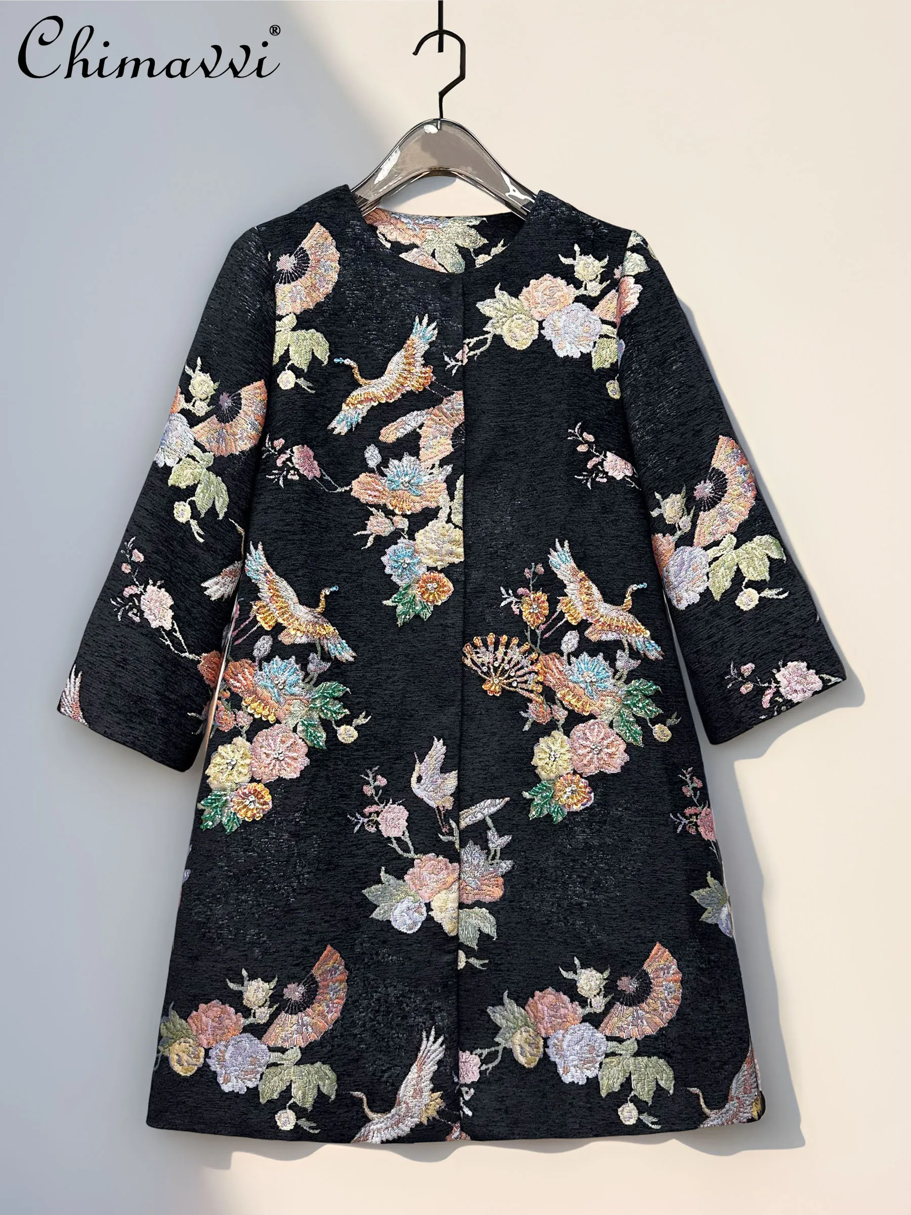 

Autumn and Winter New High-end Heavy Crane Beaded Embroidery Mid-length Coat Vintage Light Luxury Women's Fashion Jacket Top