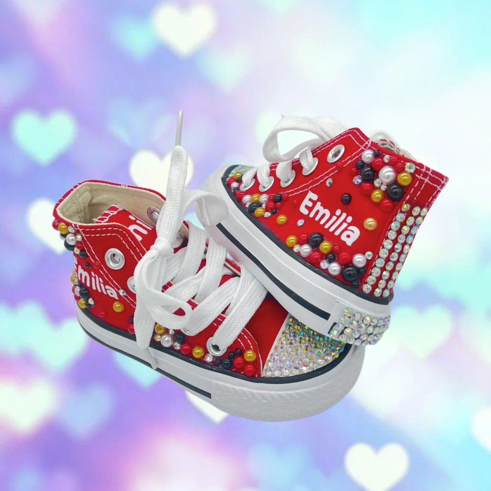 Any Name Personalized DIY Bling Handmade Sneakers Kids High Top Pearls Sneakers Mouse Party Inspired Girls Canvas Trainers