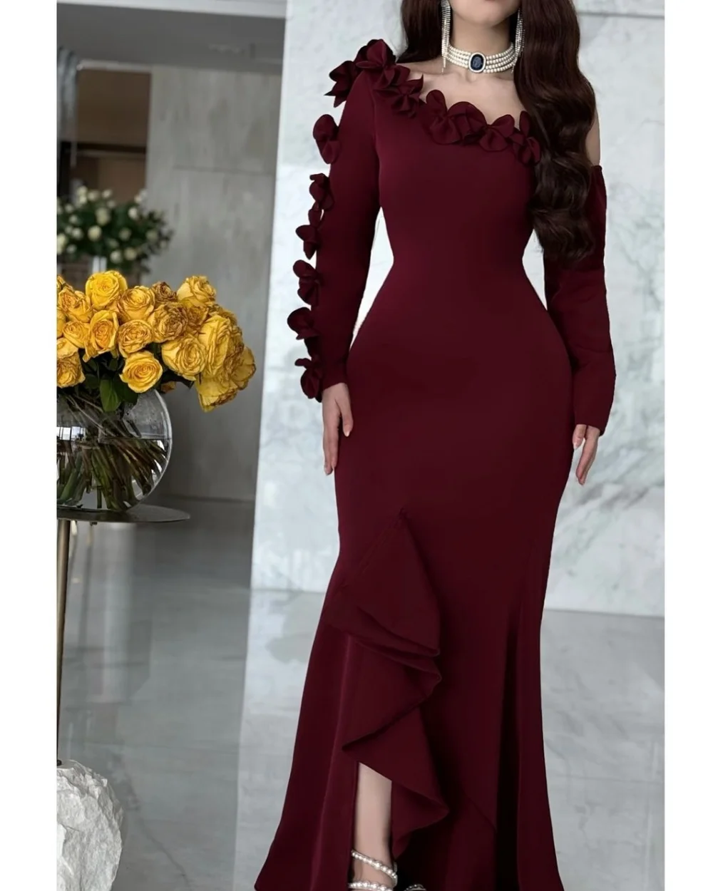 

Customized Exquisite High quality Jersey Handmade Flower Ruched Mermaid One-shoulder Long Dresses Bespoke Occasion Dresses Retro