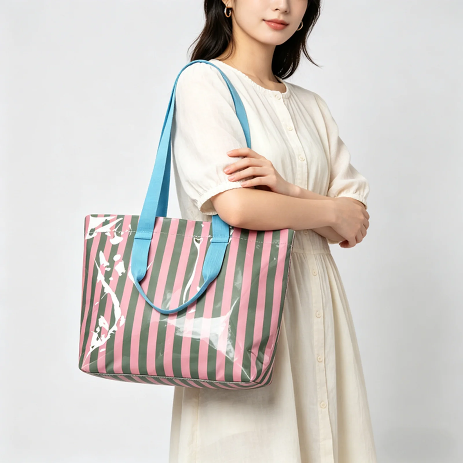 

Women Large Capacity Handbag Striped PVC Versatile Tote Bag Portable Travel Shoulder Bag Lightweight Handbag for Travel Shopping Work Daily Use (Green pink)