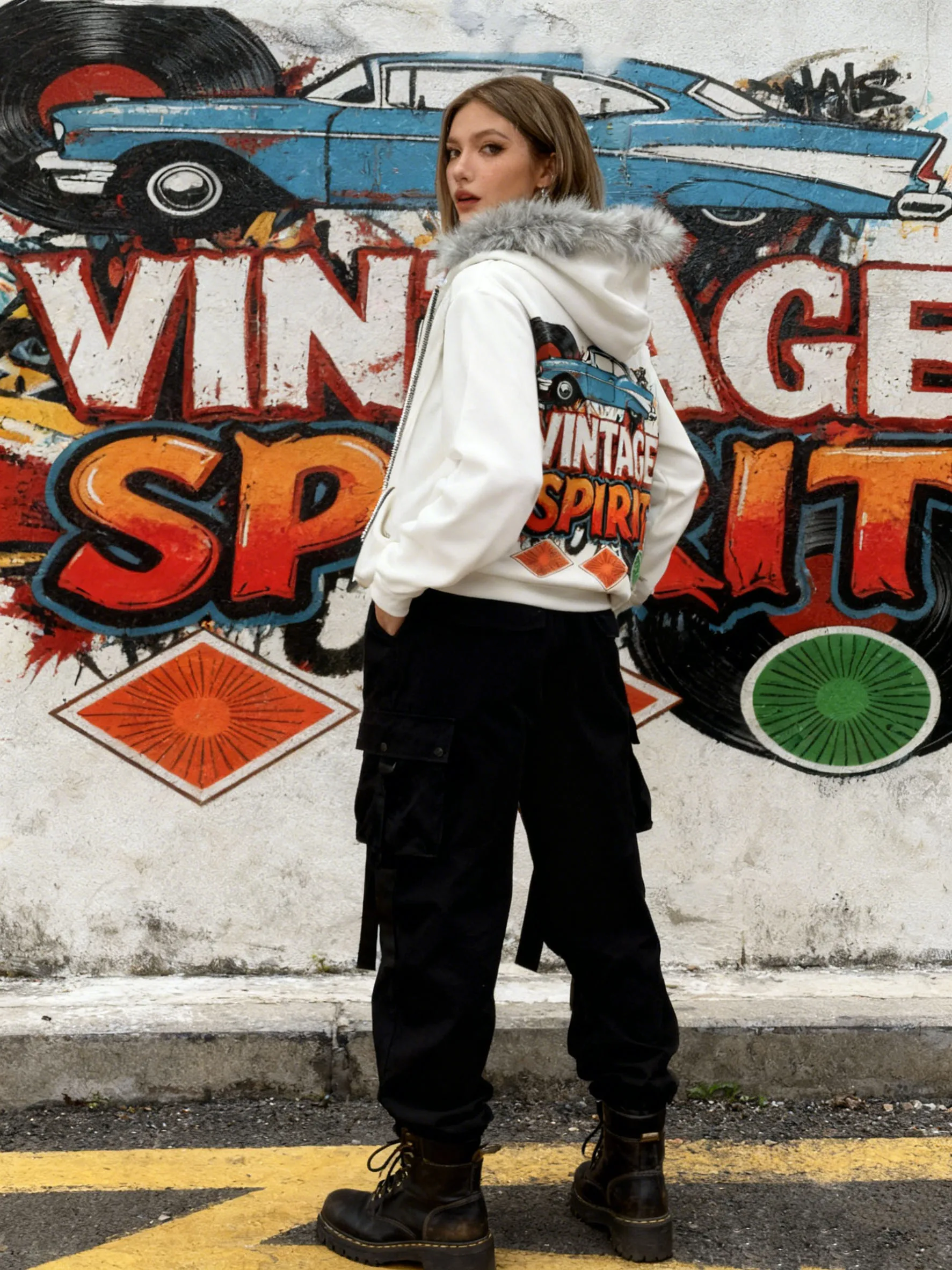 

Women's Trendy Fur Trim Hoodie - Zipper Front Vintage Car & Vinyl Print Jacket, Cropped Street Style Top Spring Autumn Winter