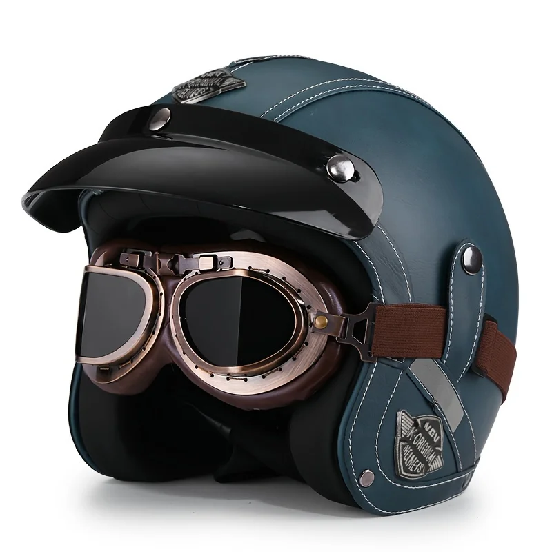 

Retro Harley Motorcycle Helmet Quater-Mask in Dark Blue Leather with Copper Mirror for All Seasons Motorbike Cruising