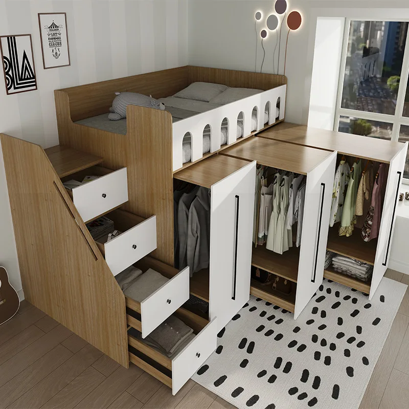 Desk wardrobe integrated half-height solid wood duplex two-story loft children's cloakroom bed