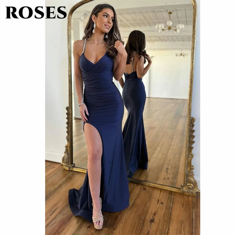 ROSES-Robe de Soirée en Satin Bleu Foncé avec Bretelles Spaghetti et Fente Latérale, Style Sirène