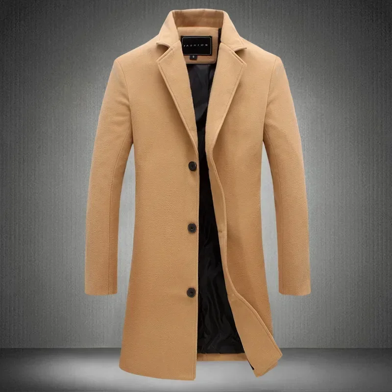 Autumn Winter Fashion Men's Woolen Coats Solid Color Single Breasted Lapel Long Coat Jacket Casual Overcoat Plus Size 5 Colors