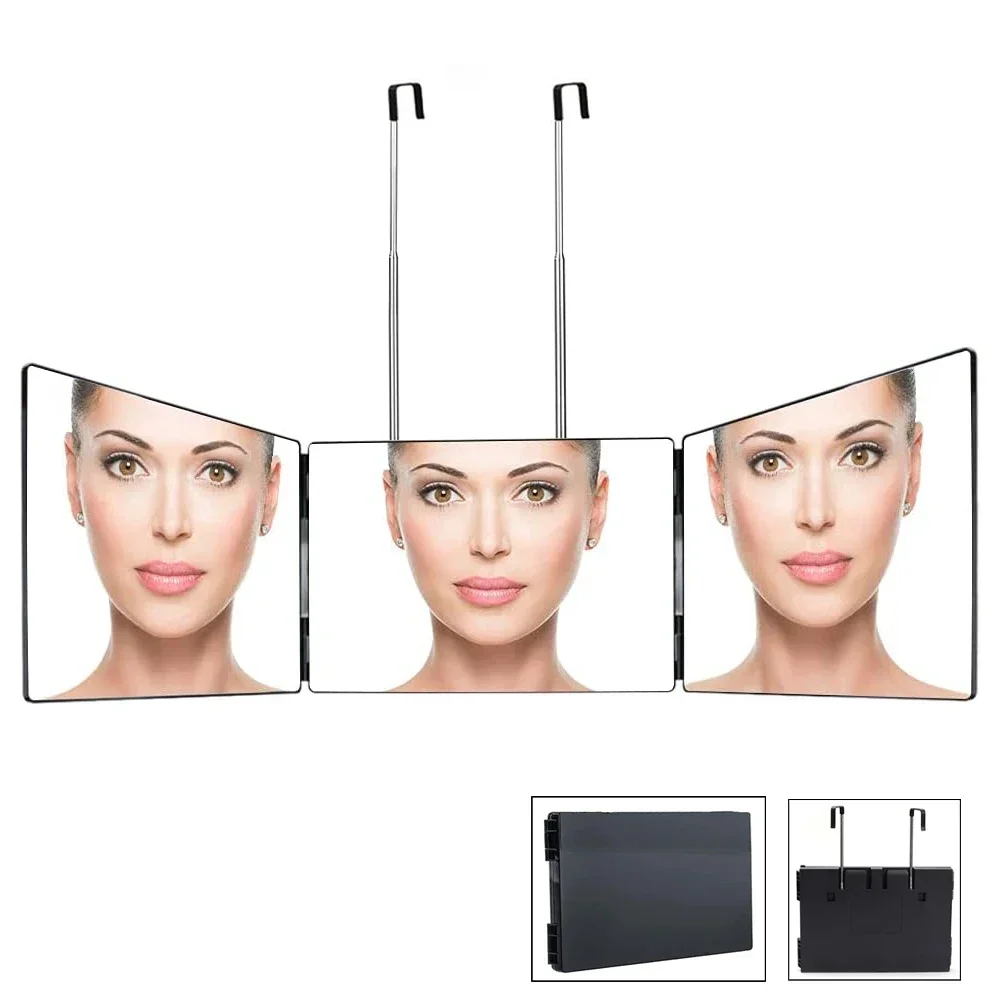 3-Wege-Spiegel, zusammenklappbar, zum Haarschneiden, 360-Grad-Dreifach-Spiegel mit höhenverstellbaren Teleskophaken für Make-up-Haarstyling
