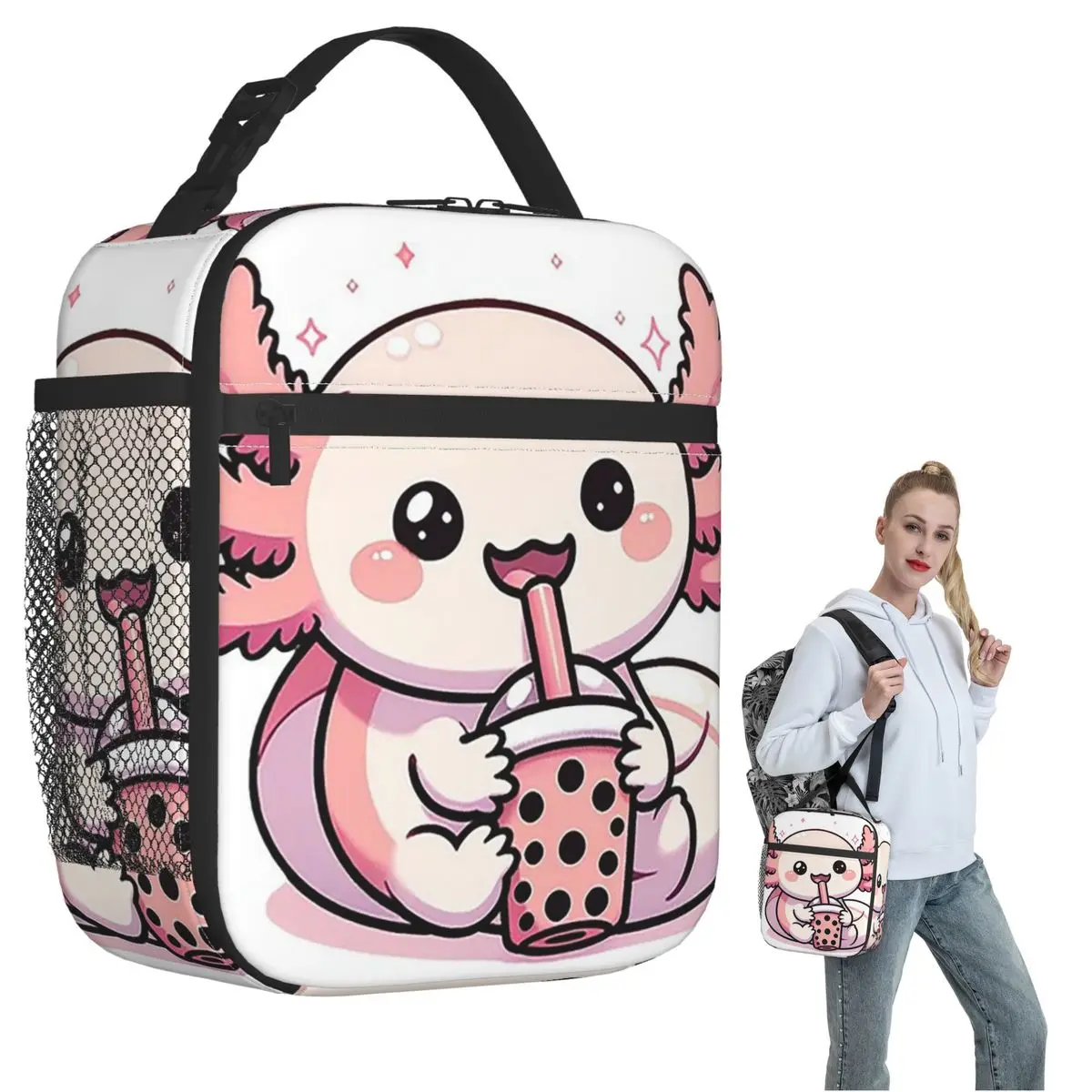 

Симпатичная термосумка для обедов с принтом аксолотля и молочного чая для женщин и детей, портативный термоконтейнер для еды, сумка-тоут