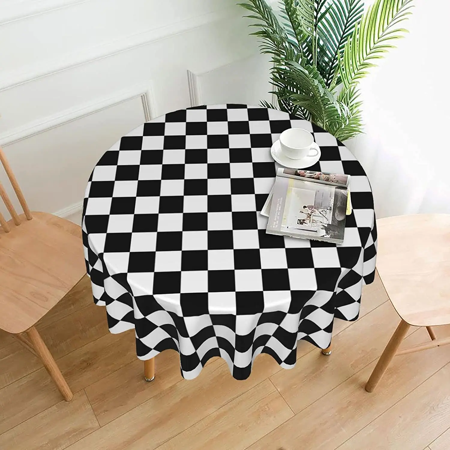 Black White Racing Checkered Pattern Round Tablecloth Simple Style Circular Table Cover Decorative for Dining Wedding Holiday