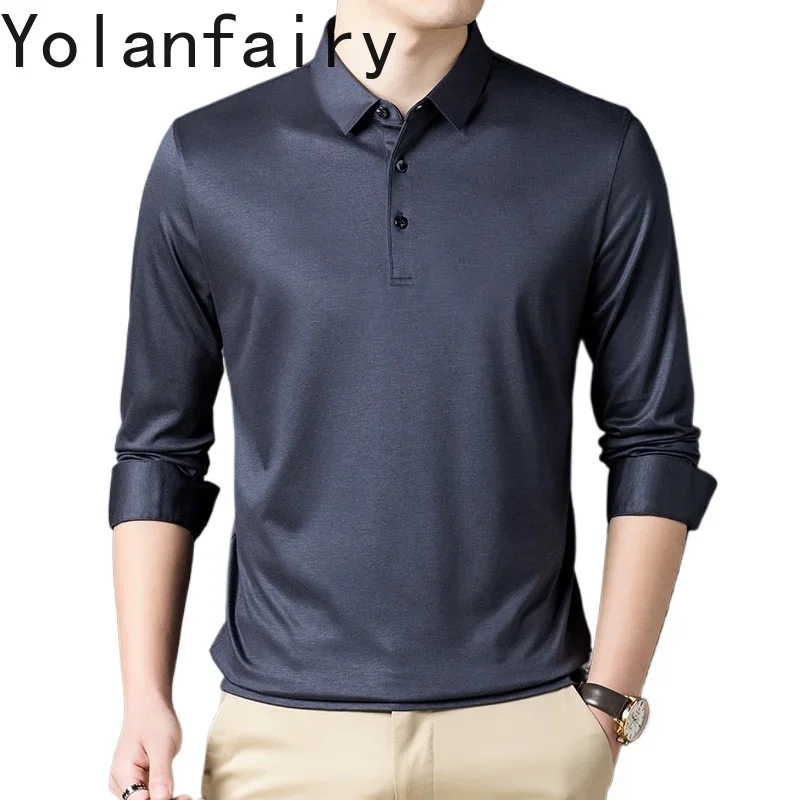 YOLANFAIRY Camiseta de seda Mulberry Polo Homme Camiseta de manga larga Hombre primavera otoño ropa Para Hombre Playeras Para Hombre ajuste suelto