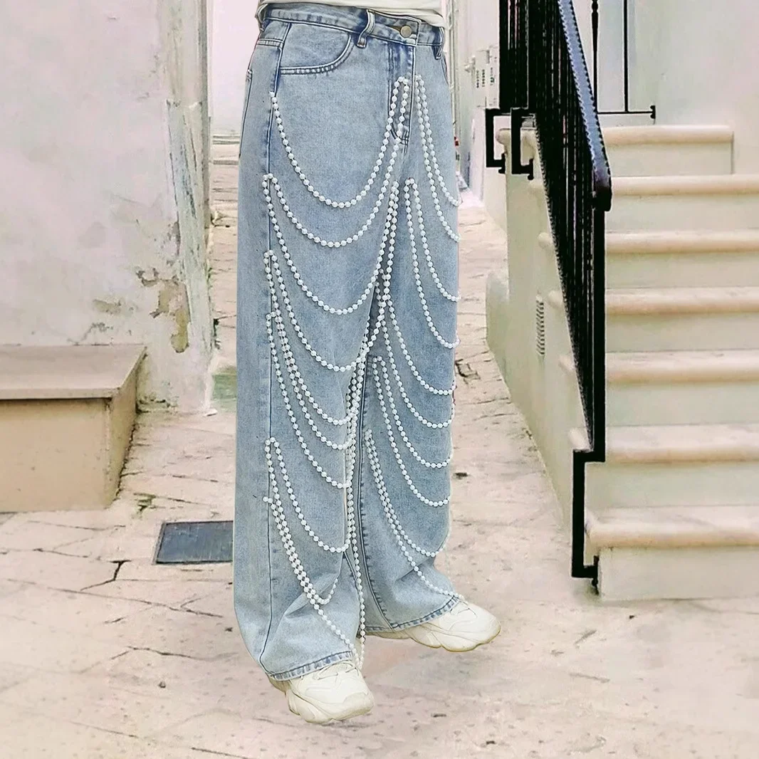 Jeans Wanita Celana Lurus Pinggang Tinggi Manik-manik Dicuci Tertekan Vintage Kantong Tombol 2025 Pakaian Jalanan Wanita Denim Celana