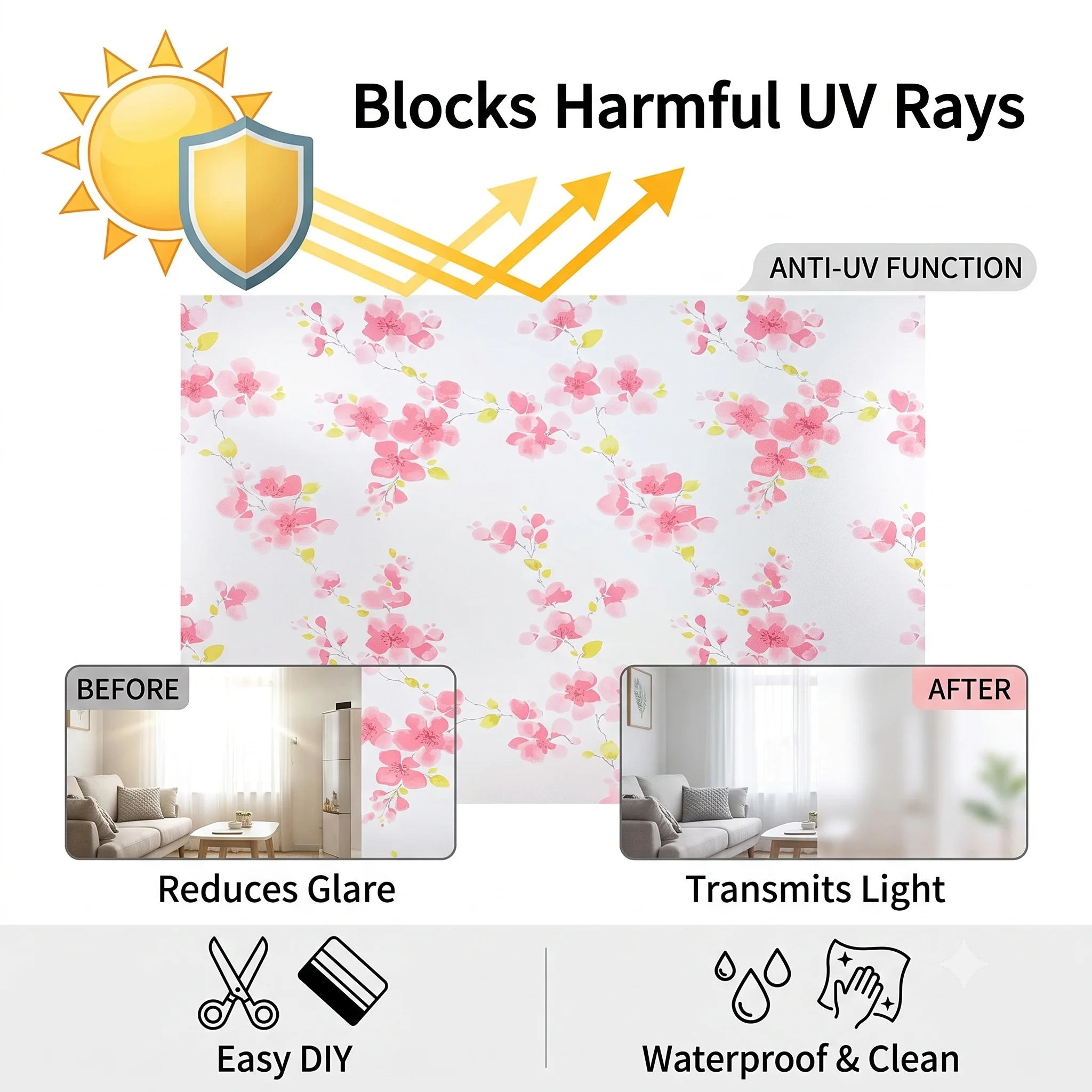 Pink Cherry Blossom Frosted Privacy Window Film Self-Adhesive Anti-UV Waterproof Peel-Stick Glass Decor Sticker for Bathroom