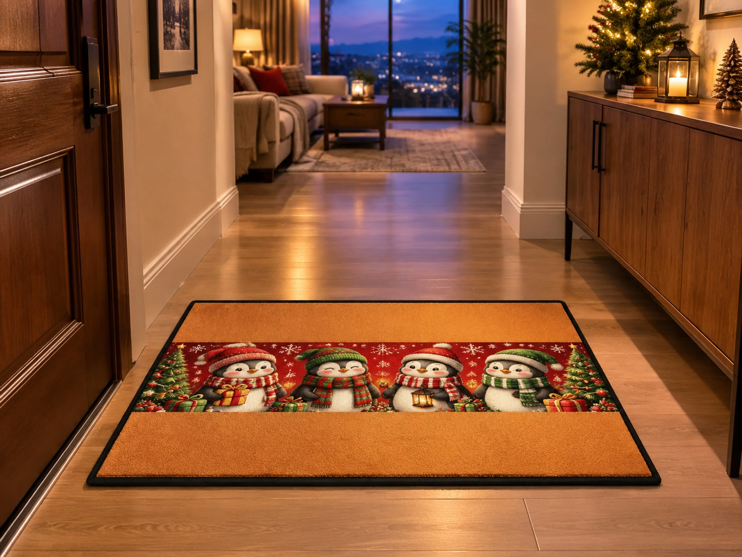VIKAMA Christmas Amber Brown Penguin Flannel Door Mat, Anti-Slip Washable Xmas Rug, Xmas Decor for Bedroom, Nursery, Kids Room