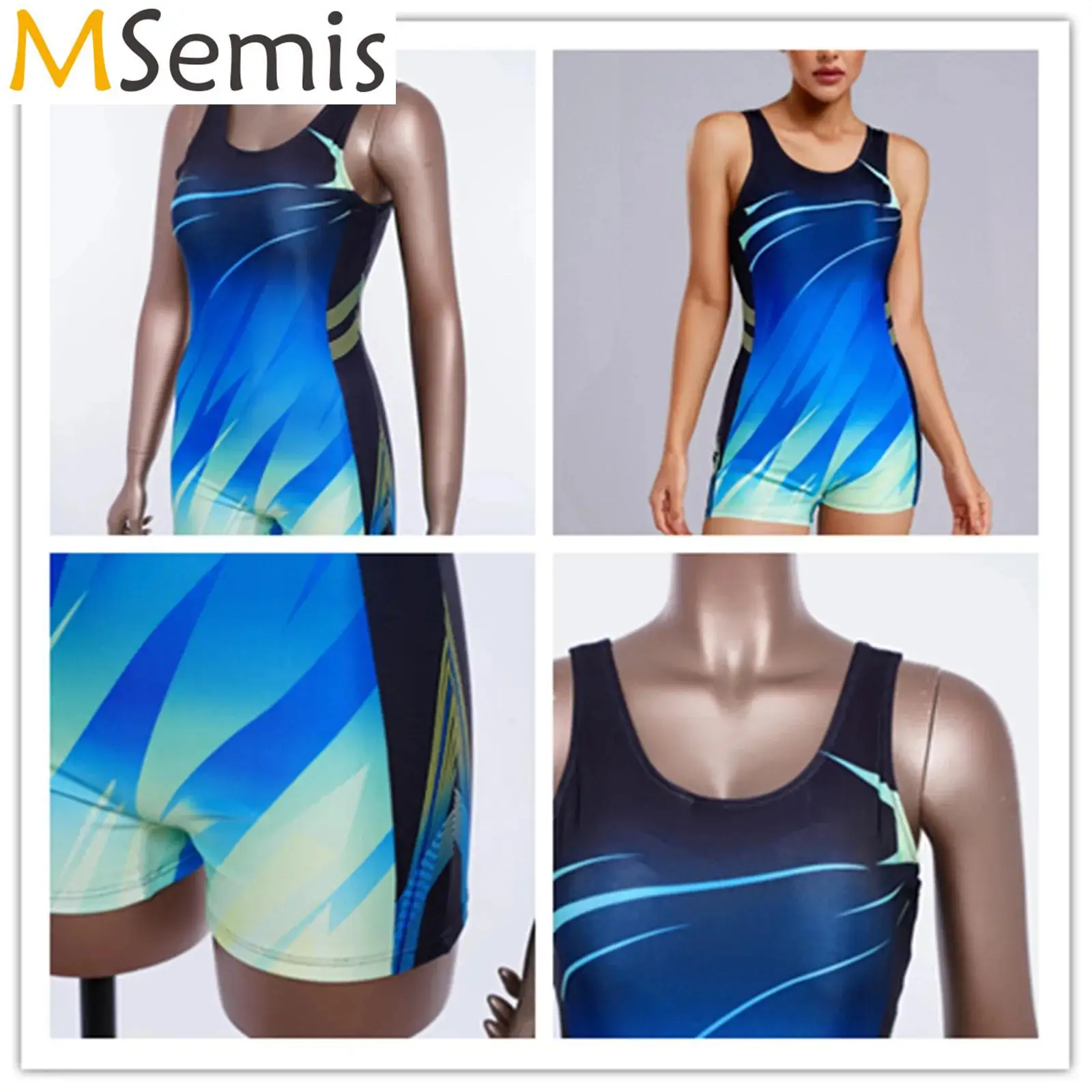 

Womens Athletic Jumpsuit Swimwear One-Piece Sports Swimsuit Printed Bodysuit with Removable Chest Pads Swimming Bathing Suit