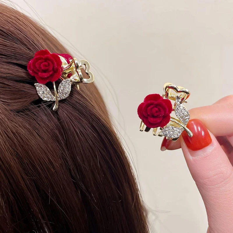 Beautiful Red Rose Flower Small Hair Claw Pretty Rose Metal Mini Decorative Hair Styling Clips Women Girls Hair Accessories