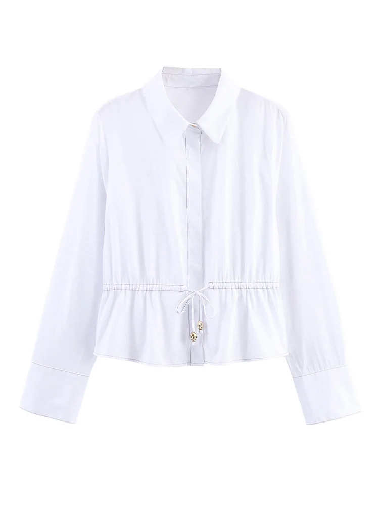 

HH Женская модная универсальная однотонная рубашка из поплина с отделкой, женская элегантная однобортная рубашка с длинным рукавом и завязками на талии