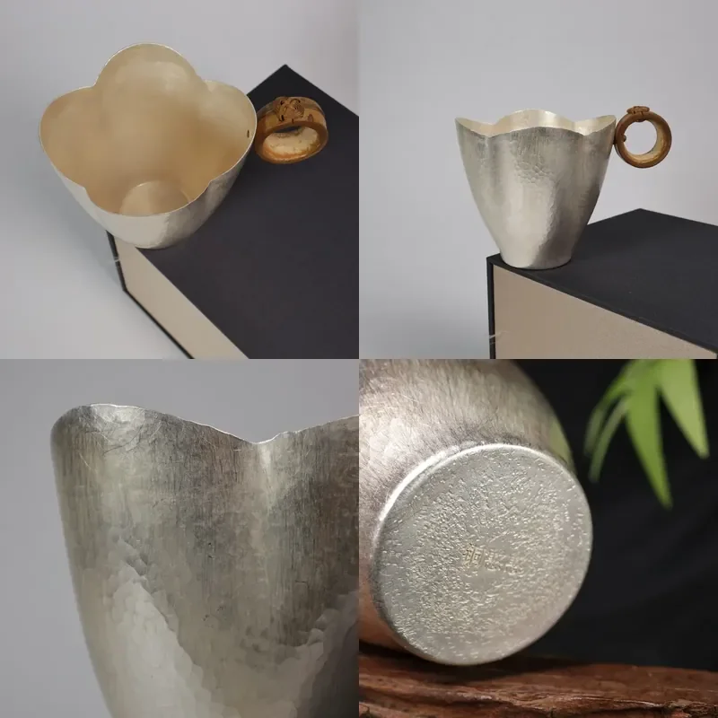 【CHIMU HOME】 Eco Friendly Bamboo Handle Cup with Petal Flower Design Modern Silver Plated Ceramic Mug for Daily Use