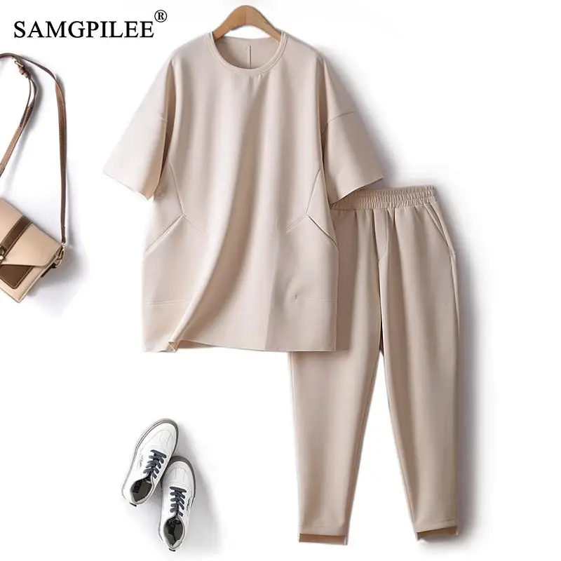 

Two Piece Set Women Outfit 2023 Summer New Simple Air Cotton O Neck Mid Length Top Elastic Waist Pants Women's Tracksuit 4XL