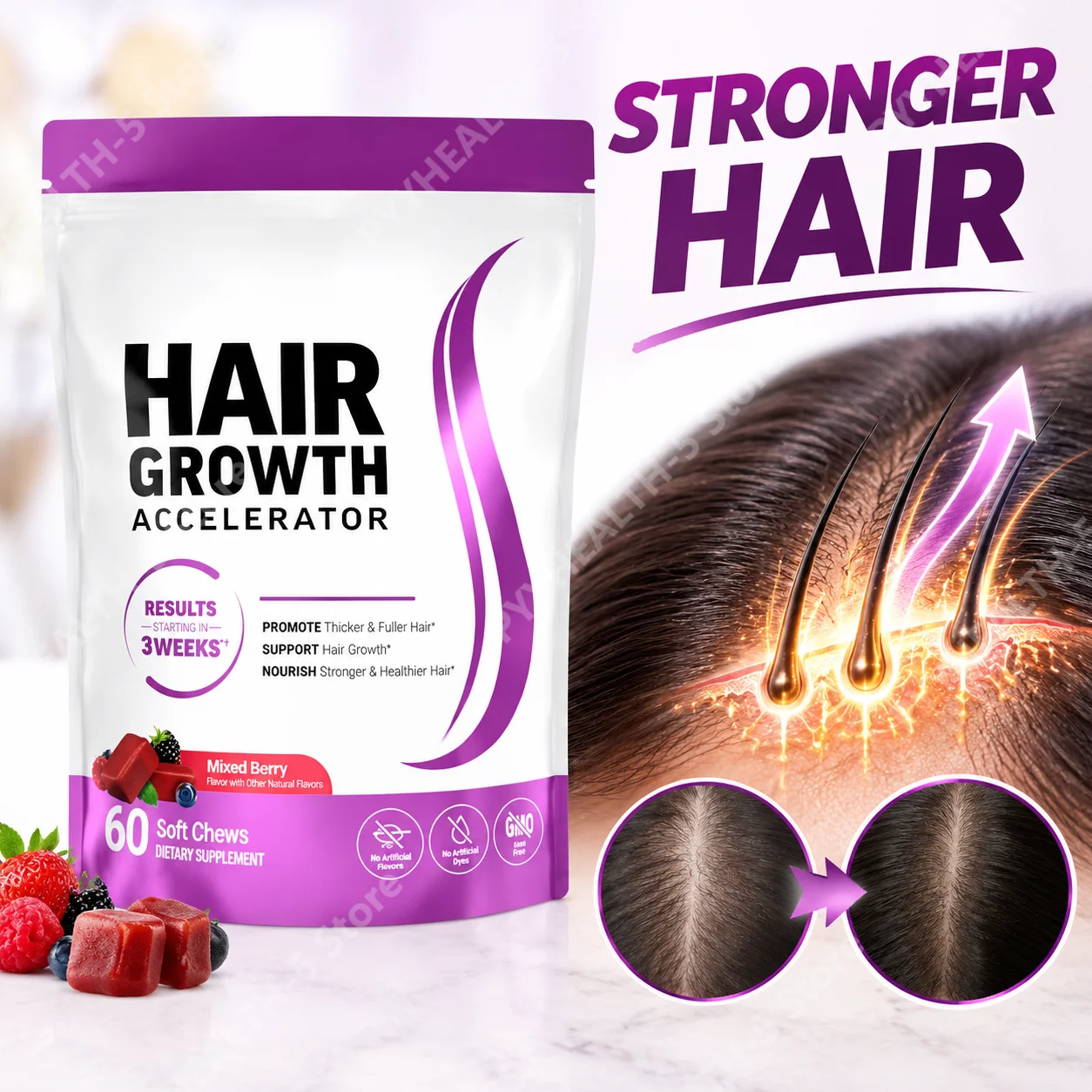 Biotin Hair Growth Soft Chews Boost Hair Volume Strengthen Weak Follicles Vitamin C & E Antioxidant Nourishing Formula 60 Count