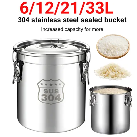 잠금 클램프가 있는 304 스테인리스 스틸 밀폐 용기, 쌀알 기름 설탕 저장 버킷 주방 용기, 6 L, 12 L, 21 L, 33L