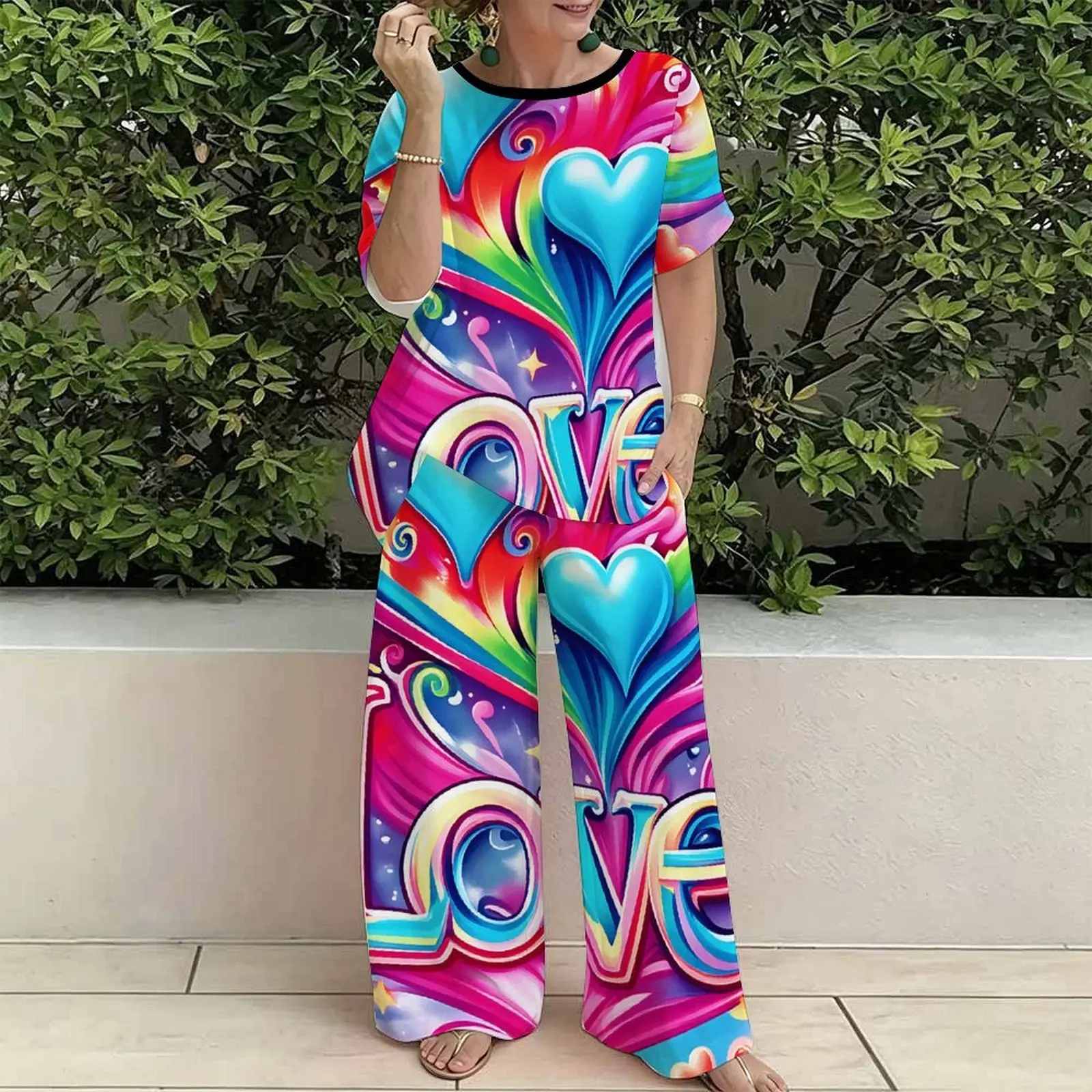 Plus Size Women Casual Print Two Piece Set Round Neck Everyday Commuting Clothes Beach Vacation Sweatpants