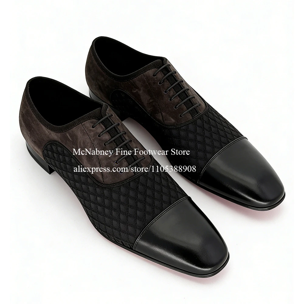 

Brown Suede Leather Lace up Oxfords with Diamond Quilted Pattern Patchwork Dress Shoes for Men Formal Business Wedding Office