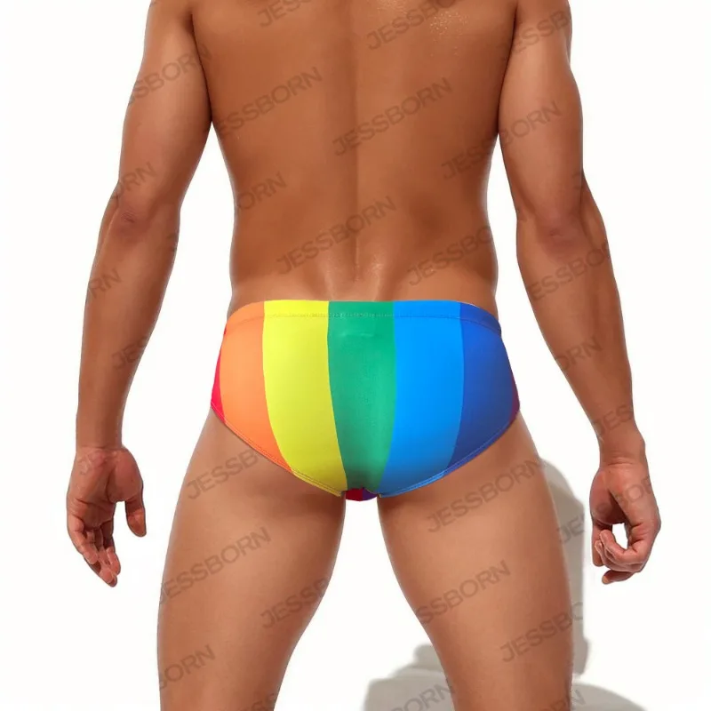 Men\'s Swimming Trunks Men Swimsuit Rainbow Coarse Stripes Swim Briefs Quick Drying Beach Shorts Board Surf Bathing Suit Swimwear