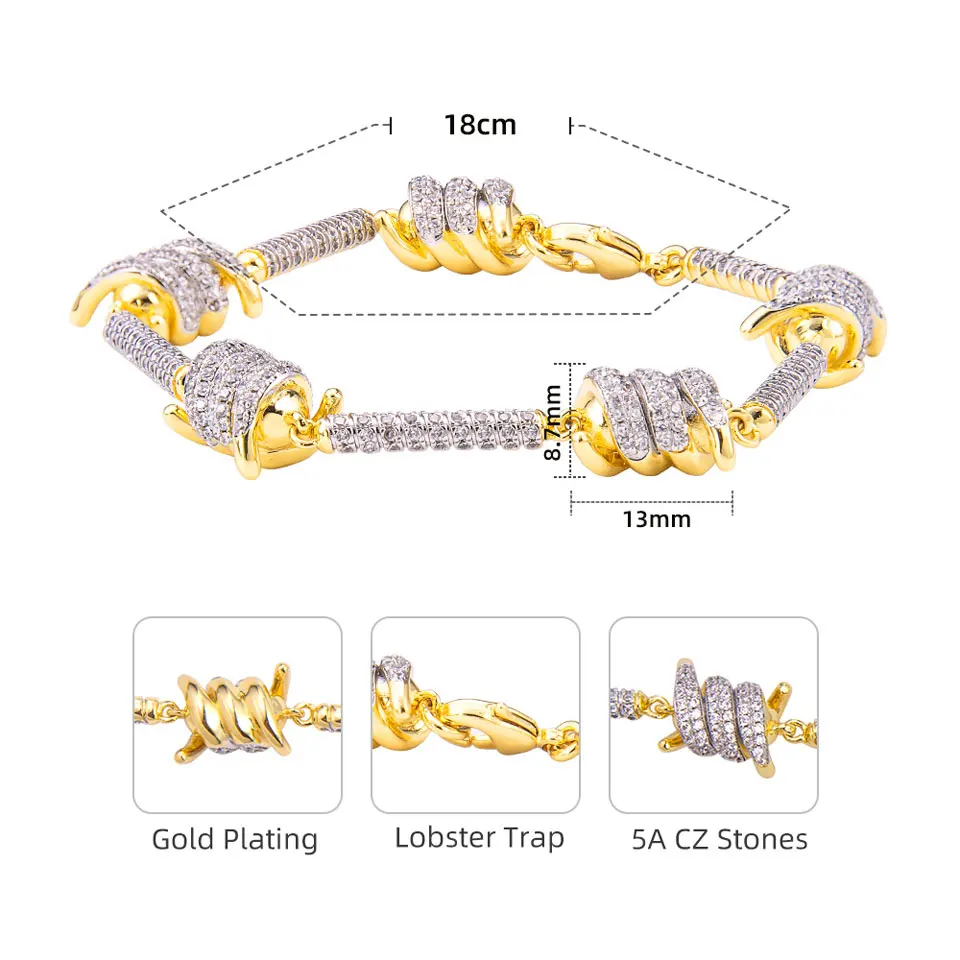 Thorn Wire Bracelet Barbed Wire Link Chain CZ Zircon Iced Out Bling Necklace for Women Men Hip Hop Rapper Jewelry