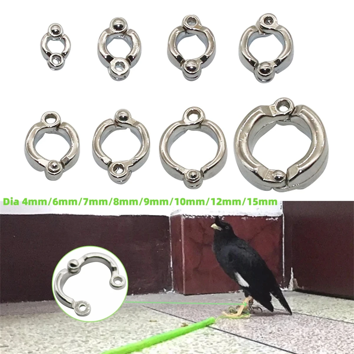 5Pcs Pet Bird Pigeon Parrot Foot Ring Zinc Alloy Snap Open Bird Flying Rope Activity Foot Ring Accessories 4/6/7/8/9/10/12/15 mm