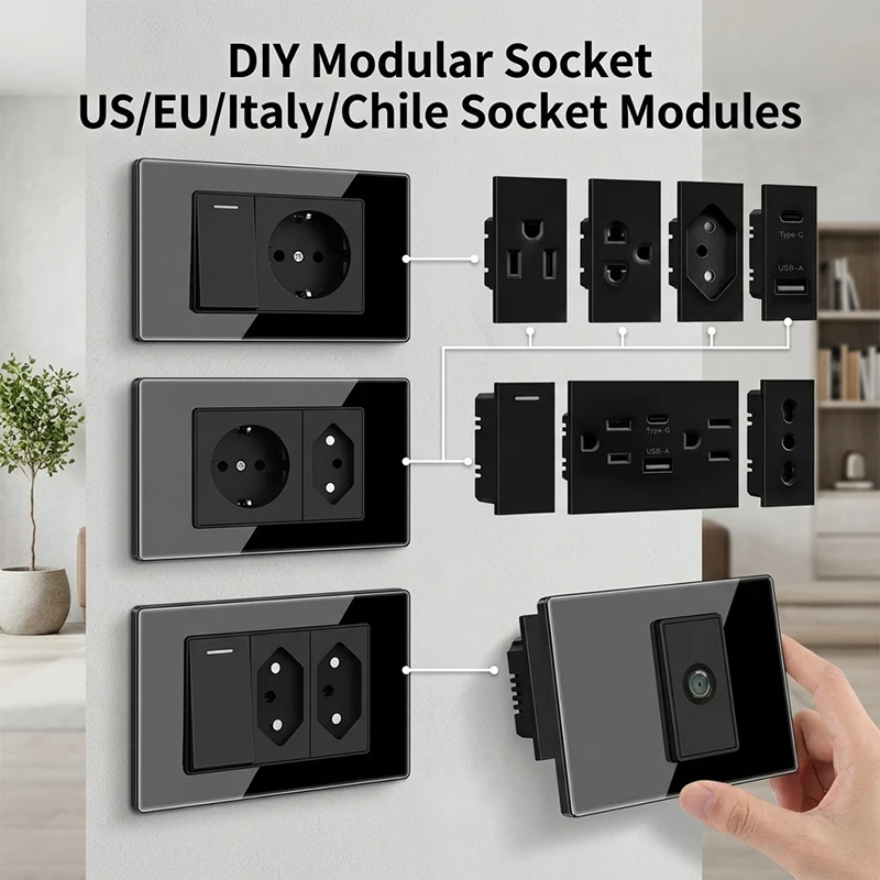 

118 Type Tempered Glass Wall Plate DIY Modular Design NEMA 5-15R Duplex Outlet US/EU/Italy/Chile Socket Modules